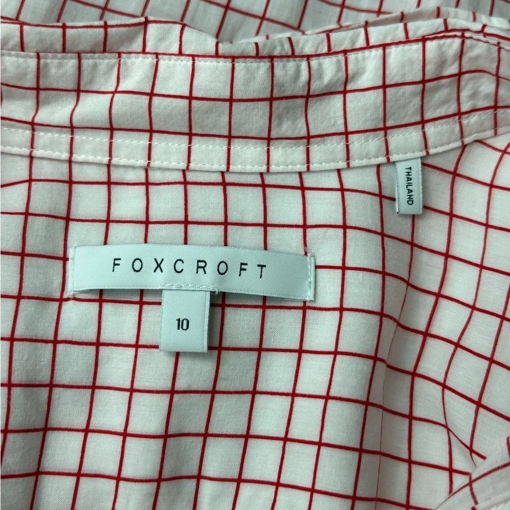 Foxcroft Women’s Blouse White Red Tencel Rolled Sleeve Gingham Button Up Size 10